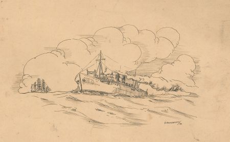 C.A. Hannaford - 1834 Pen and Ink Drawing, Ship at Full Sail