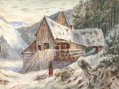 V.R. - 19th Century Watercolour, Log Cabin in an Alpine Landscape