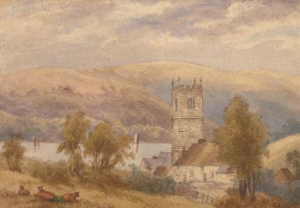 S.A.C.W. - 1850 Watercolour, Landscape with Cattle and Church