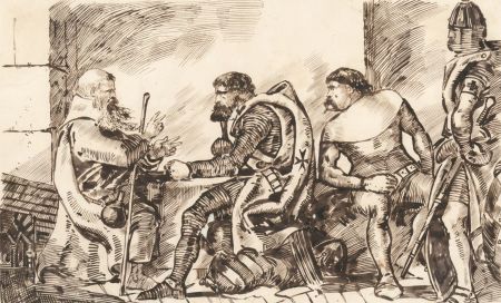 Charles William Cole - 19th Century Pen and Ink Drawing, Knights in an Interior
