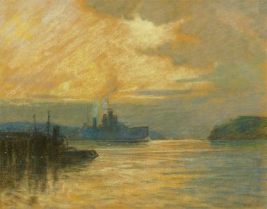 Mid 20th Century Pastel - Battle Ship in a Port