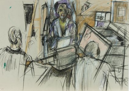 Brian Liddle - Contemporary Charcoal Drawing, Office Interior Scene