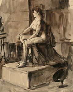 Peter Collins ARCA - Sepia c.1970s Pen and Ink Drawing, Life Model in a Studio