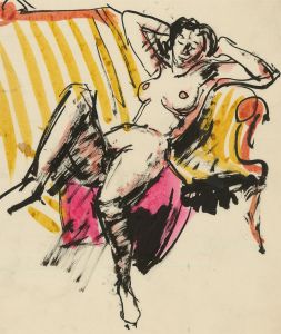Peter Collins ARCA - c.1970s India Ink, Nude on a Yellow Sofa