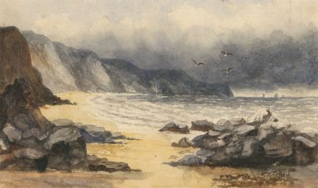 English School 1888 Watercolour - Coastal Landscape with Beach