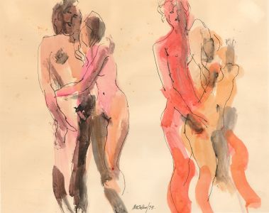 Peter Collins ARCA - Signed 1973 Mixed Media, Couples Embracing
