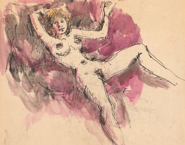Peter Collins ARCA - c.1970s India Ink, Reclining Nude in Pink