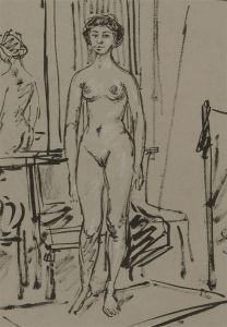 Peter Collins ARCA - c.1970s India Ink, Nude in an Interior