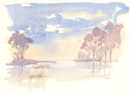 Robert Shuck - Contemporary India Ink, River Landscape with Trees