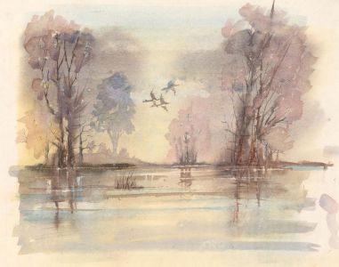 Robert Shuck - Contemporary India Ink, River Landscape with Birds