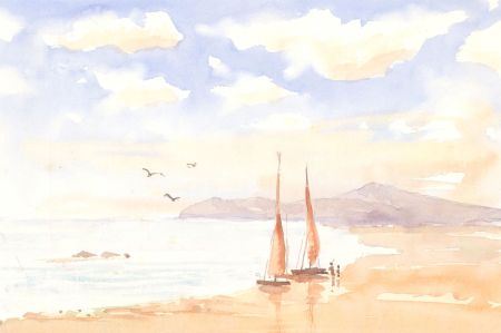 Robert Shuck - Contemporary India Ink, Figures and Boats on a Beach