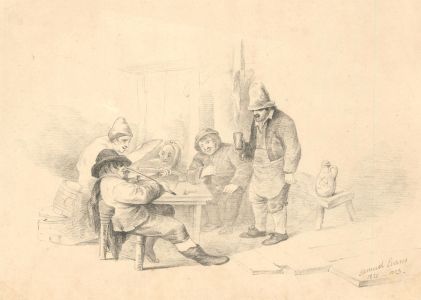 Samuel Evans - Signed 1820 Graphite Drawing, Interior Tavern Scene