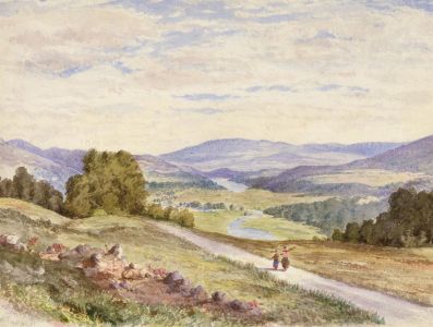 H.H.J - Signed English School 1885 Watercolour, Figures in a Landscape