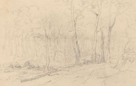 M.E. Bladeen - circa 1830 Graphite Drawing, Woodland Landscape