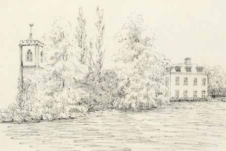 M.E. Bladeen - 1889 Pen and Ink Drawing, Cottage and Church in a Landscape