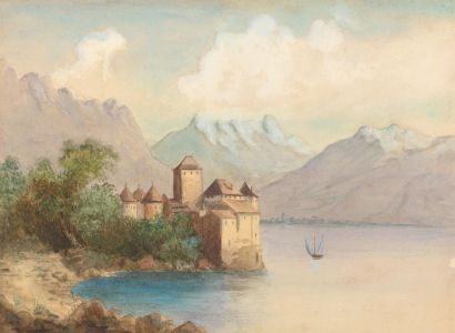 Very Fine 19th Century Watercolour - Chateau Chillon, Lake Geneva