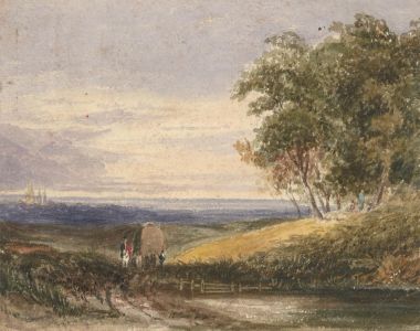 English School 19th Century Watercolour- Figures in a Landscape with Town Beyond