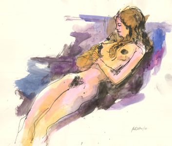 Peter Collins ARCA - Signed 1970 India Ink, Reclining Nude in Purple