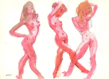 Peter Collins ARCA - Signed 1973 India Ink, Nudes in Pink