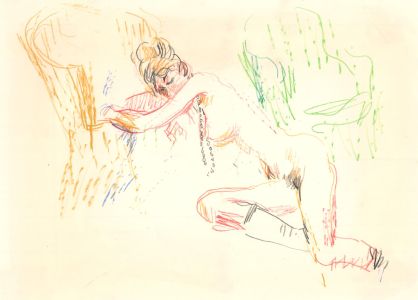 Peter Collins ARCA - c.1970s Coloured Pencil, Female Nude Leaning on Chair
