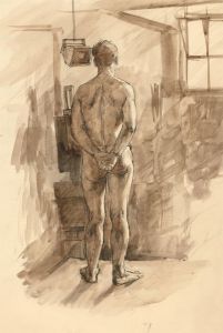 Peter Collins ARCA - c.1970s Watercolour, Male Nude in an Interior