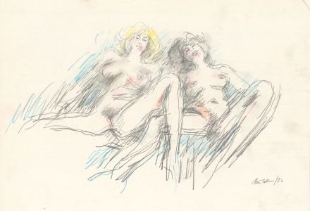 Peter Collins ARCA - Signed 1982 Coloured Pencil, Two Reclining Nudes