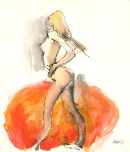 Peter Collins ARCA - 1973 Pen and Ink Drawing, Standing Nude in Orange