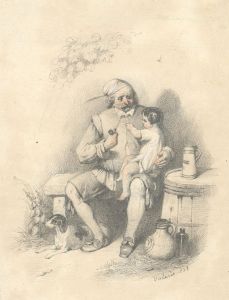 Attributed Theodore Valerio (1819-1879) - 1838 Graphite Drawing, Man and Child