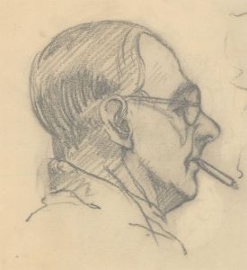 Mid 20th Century Graphite Drawing - Portrait of a Man Smoking