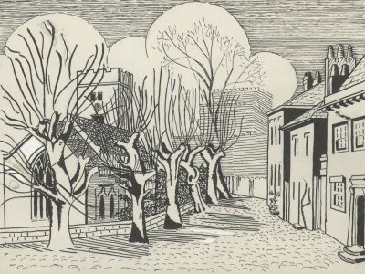 Mid 20th Century Pen and Ink Drawing - Graphic Rural Street Scene
