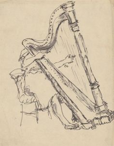 Mid 20th Century India Ink - Musician Playing the Harp