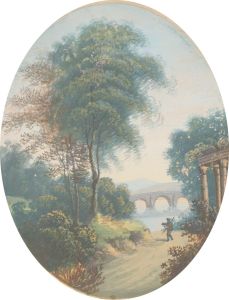 Miniature Oval Late 19th Century Gouache - Landscape with Ruins