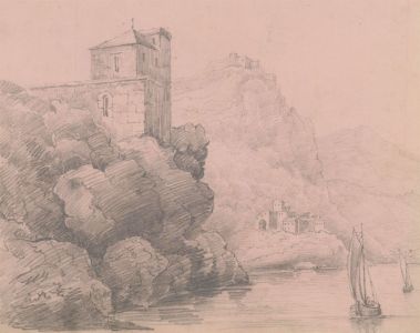 Two English School 19th Century Graphite Drawings - Lake Landscapes with Ruins