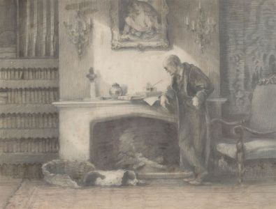 H. Clarence - 1937 Graphite Drawing, Victorian Library Scene