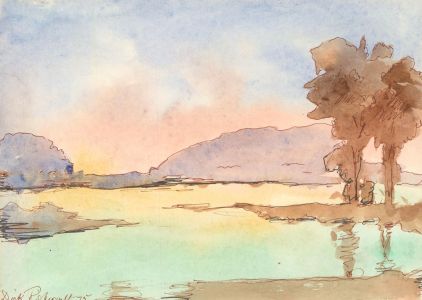 Dick Rishworth - Signed c. 1975 India Ink, Coastal Landscape at Dusk