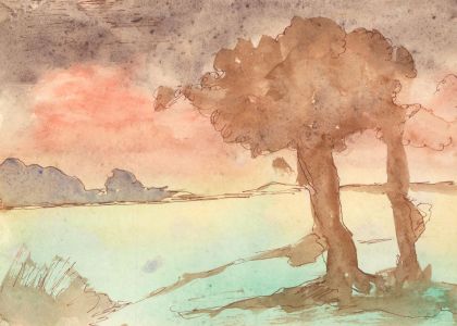Dick Rishworth - c. 1975 India Ink, Sunset over Coastal Landscape