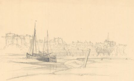 F.L Wilder - c. 1941 Graphite Drawing, Estuary Landscape with Fishing Boat