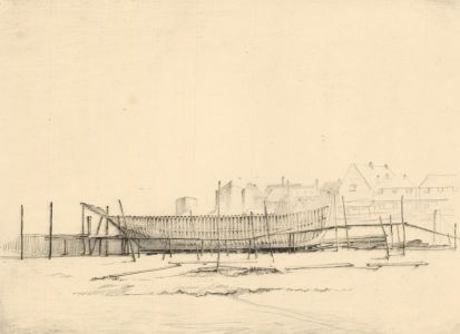 F.L Wilder - c. 1941 Etching, Hull of a Ship on a Beach