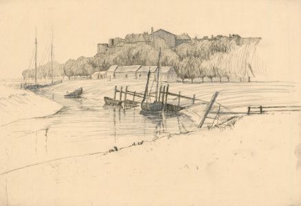 F.L Wilder - c. 1941 Etching, Coastal Scene with Boats at Low Tide