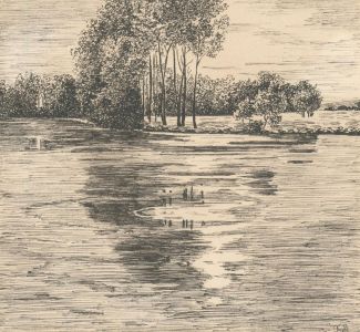 J.B. - 20th Century Pen and Ink Drawing, River Landscape