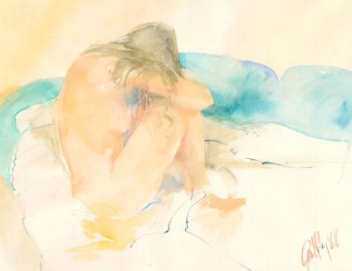 Signed 1988 India Ink - Female Nude in an Interior