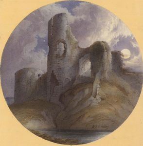 W. R Buckley - Mid 19th Century Watercolour, Circular Study of a Moonlit Ruin