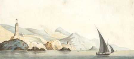 19th Century Watercolour - Coastal Scene with Lighthouse and Boat