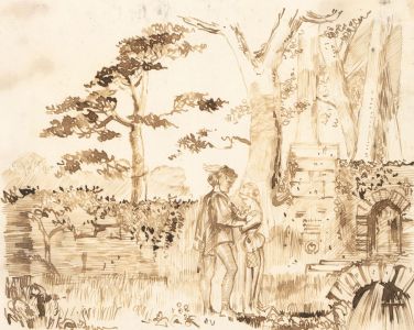 Charles William Cole - 19th Century Pen and Ink drawing, Figures in a Landscape