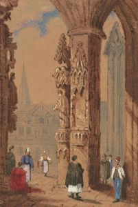 19th Century Watercolour - Cathedral Exterior with Figures