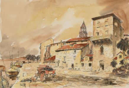 Contemporary Pen and Ink Drawing - Mediterranean Coastal Street Scene