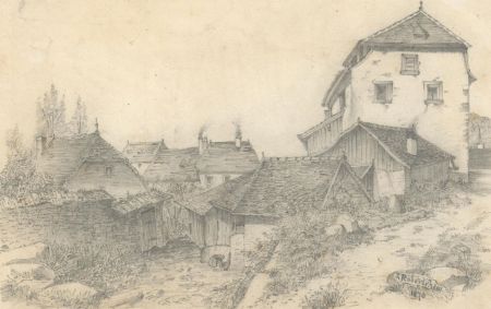 J. Robertshaw - 1870 Graphite Drawing, Rural Village Landscape