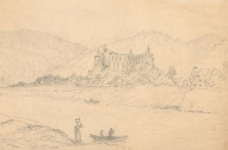 G.M - English School 1852 Graphite Drawing, View of Tintern Abbey, Wales