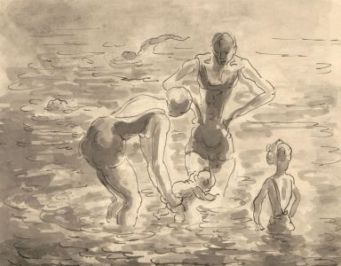 Harold Hope Read (1881-1959) - Pen and Ink Drawing, Family Playing in the Sea