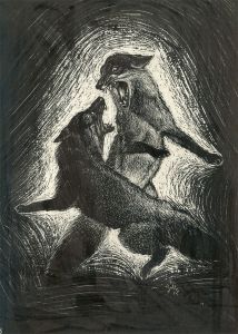 L. Gilley - Signed Contemporary Scratchboard, Fox Fight